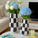 Minimalist Style Black And White Checkered Ceramic Flower Vase, Decorative Plant Pot For Home Bedroom, Living Room, Dining Table