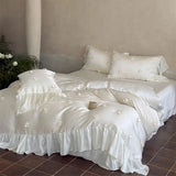 Flowers Ruffles Princess Bedding Set Brocade Lyocell Bamboo Fiber Soft Silky Duvet Cover Flat/Fitted Bed Sheet Pillowcases 4Pcs