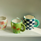 Korean Ins Style Hand Made Irregular Mug Hand Painted Flowers Ceramic Mug Breakfast Cup Coffee Cup Cute Tea Cups