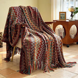 Bohemian Style Knitted Throw Blanket for Sofa Bed Retro Striped Decorative Blankets with Tassels Soft Comfortable Shawl Blanket