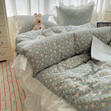 100% Cotton Korean Princess Style Rose Floral Lace Ruffles Bedding Set Duvet Cover Set Flat/Fitted Bed Sheet Pillowcases 4Pcs