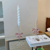 Pink Bow Candle Holder Romantic Luxury High Footed Glass Heat Resistant Candle Holder Suitable Home Banquets Weddings Parties