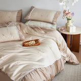 Flowers Embroidery Pleated Wide Edge Bedding Set Lyocell Soft Silky Cooling Duvet Cover Flat/Fitted Bed Sheet Pillowcases 4Pcs