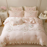 4Pcs Korean Princess Style Bedding Set Rose Flowers Embroidery French Lace Ruffles Milk Velvet Duvet Cover Bed Sheet Pillowcases