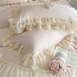 4Pcs Princess Wedding Bedding Set Korean Style Lace Flowers Embroidery Duvet Cover Bed Sheet/Fitted Sheet/Bed Skirt Pillowcases