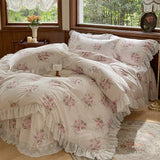 Vintage Lace Ruffles Rose Print Pure Cotton Bedding Set Duvet Cover Set 1.4M/1.5M/1.6M/1.8M/2M Bed Skirt Bedspread Pillowcases