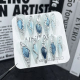 10pcs Detachable Gradient Blue Press on Acrylic Nails Coffin Fake Nails with Heart Designs Handmade High Quality Stick on Nails