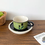 1Set Mid-Century Style Hand-Painted Flower Pattern Ceramic Cup and Saucer, High-End Exquisite Coffee Cup and Saucer, Suitable for Home Decoration, Home Drinking Water, Home Daily Use, Party, Breakfast Milk Cup, Afternoon Tea