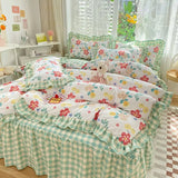 Pink Korean Princess Bedding Set No Filling Cute Strawberry Duvet Cover Checkerboard Single Queen Size Bed Linen Pillowcases