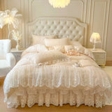 4/6Pcs Pink Princess Wedding Lace Embroidery Korean Style Bedding Set King Queen Size Duvet Cover Bed Skirt Bedspread Pillowcase