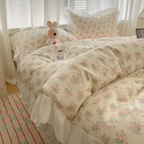 100% Cotton Korean Princess Style Rose Floral Lace Ruffles Bedding Set Duvet Cover Set Flat/Fitted Bed Sheet Pillowcases 4Pcs