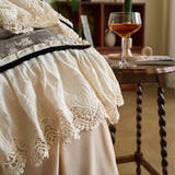 Vintage French Lace Ruffles Bedding Set Pure Cotton Wrinkled Yarn Soft Duvet Cover Set Flat/Fitted Bed Sheet Pillowcases 4Pcs