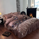 Vintage Flower Prints Organza Lace Ruffles Egyptian Cotton Bedding Set Duvet Cover Bed Sheet/Bed Skirt/Fitted Sheet Pillowcases