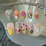 24pcs Oval Press on Nails Tips Spring Summer Aurora Rhinestone Full Cover Nail Sets Blue Cat's Eye False Nail Wearable Fake Nail