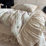 Flowers Prints Pleated Ruffles Princess Bedding Set 100% Cotton Double Layer Yarn Duvet Cover Quilted Bedspread Pillowcases 4Pcs
