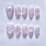 24pcs Flower Butterfly Design False Nails Art Summer Sweet Colorful Smudge Almond Full Cover Nail Rhinestone Press on Fake Nails