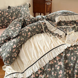 Vintage French Floral Pleated Lace Bedding Set Double Layer Crepe Yarn Pure Cotton Duvet Cover Flat/Fitted Bed Sheet Pillowcases