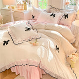 Korean Princess Style With Black Bow Lace Ruffles Pleat Milk Velvet Bedding Set Bedroom Decor Duvet Cover Bed Sheet Pillowcase