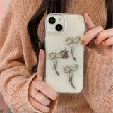 Cute 3D Silver Bowknot Phone Case For iphone 15 14 13 12 11 Pro Max Creative Fashion Simple Transparent Soft TPU Back Cover