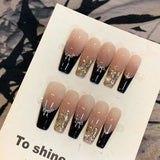 10Pcs Handmade Press on Nails Full Cover Bow Tie Shiny Rhinestone French Long Ballet Coffin Wearable Fake Nail Autumn and Winter
