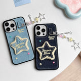 Embroidery Stars Jean Cloth Denim Case For iPhone 12 13 14 15 Pro Max 11 Phone Case with Star Pendant Keychain Soft Back Cover