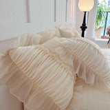 Pink Princess Style Pleated Lace Ruffles Carved Velvet Warm Soft Bedding Set Duvet Cover Flat/Fitted Bed Sheet Pillowcases 4Pcs