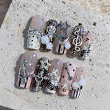 10Pcs Pink Coffin Handmade Press On Nails Moon Stars False Nails Sweet Bow Diamond Design Full Cover Ballet Fake Nails Press On