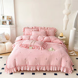 Rose Flowers Embroidery Ruffle Lace Bedding Set Washed Cotton Duvet Cover Set Skin Friendly Bed Sheet Pillowcases Princess Style