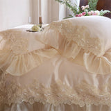 100S Egyptian Cotton Princess Wedding Bedding Set Lace Floral Embroidery Chiffon Ruffle Duvet Cover Bed Sheet Pillowcases 4Pcs