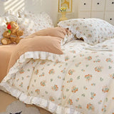 Princess Style Lace Ruffles Bedding Set Purple Tulips Duvet Cover and Flat Sheet Pillowcases Girls Romantic Floral Home Textiles