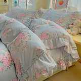 Korean Princess Style Floral Ruffles Bedding Set Washed Cotton Skin-friendly Soft Duvet Covers Set Bed Sheet Pillowcases 3/4Pcs