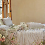 Flower Prints Ruffles Summer Cool Feeling Bedding Set 800TC Lyocell Soft Silky Duvet Cover Flat/Fitted Bed Sheet Pillowcase 4Pcs