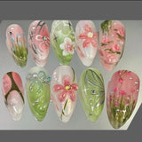 24pcs Oval Press on Nails Tips Spring Summer Aurora Rhinestone Full Cover Nail Sets Blue Cat's Eye False Nail Wearable Fake Nail