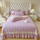 Luxury Velvet Fleece Flowers Lace Ruffles Quilted Bedspread, Mattress Cover, Bed Skirt, Bed Sheet Set, With Pillowcases, 3Pcs