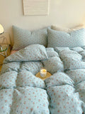 Blue Floral Cotton Quilt Set 4-Piece Folded Linen Pure Cotton Naked Sp Country Sle Bedding Set for Girls
