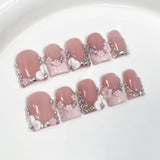 10pcs Sweet Nude Pink Handmade Press on Nails Art Bow Design Short Square Fake Nail Tips Flower Diamond Design French False Nail