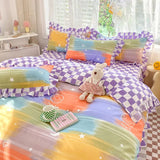 Pink Korean Princess Bedding Set No Filling Cute Strawberry Duvet Cover Checkerboard Single Queen Size Bed Linen Pillowcases
