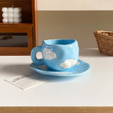 1Pc280Ml Original Design Scandinavian Style Hand-Kneaded Ceramic Coffee Cup and Saucer Multi-Color Plaid Heart Blue Sky and White Clouds Flower Mug Suitable for Afternoon Tea Milk Cup and Saucer Latte Cup Dessert Plate Cup an
