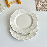 French Embossed Western Dining Plate High-end White Dessert Plates Exquisite Home Ceramic Serving Disc Retro Pasta Tableware