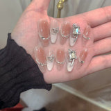 10PCS wearable french pink nails with bubble diamonds full cover handmade false nails with glue ballet long coffin press on nail