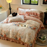 Korean Style Bedding Set 100% Cotton Green Flowers Printed Princess Duvet Cover Sets Fitted Bed Sheet Pillowcases Home Textile