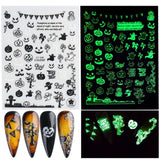 3D Luminous Nail Stickers Decals Black White Spider Web Skull Alien Planet Glow In The Dark Halloween Manicure Foils Tattoo Tips