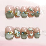 10Pcs Handmade Press on Nails Full Cover Bow Tie Design Short Butterfly French Pearl Ballerina Fake Nails Wearable Nail Tips Art
