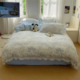 A-Class Skin Friendly Printing Bedding Set With Lace Duvet Cover Bed Sheet Pillowcases Four Piece Set Bedroom Decor Home Textile