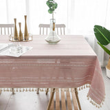 Tassel Tablecloth Pink Cotton Linen Soft Stripe Stain Resistant Dust-Proof Table Cover for Kitchen Dinning Tabletop Decoration