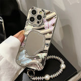 Y2K Butterfly Plating Wave Mirror Phone Case For iPhone 16 15 14 13 12 11 Pro Max XR X XS 7 8 Plus Bracelet Shockproof Cover