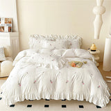 Rose Flowers Embroidery Ruffle Lace Bedding Set Washed Cotton Duvet Cover Set Skin Friendly Bed Sheet Pillowcases Princess Style