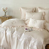 1000TC Egyptian Cotton Flowers Embroidery Lace Ruffles Princess Bedding Set Duvet Cover Flat/Fitted Bed Sheet Pillowcases 4Pcs