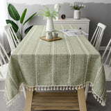 Tassel Tablecloth Pink Cotton Linen Soft Stripe Stain Resistant Dust-Proof Table Cover for Kitchen Dinning Tabletop Decoration