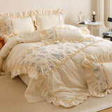 Egyptian Cotton Butterfly Embroidery Ruffles Princess Bedding Set Duvet Cover Flat/Fitted Bed Sheet Pillowcases 4Pcs